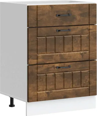 A kitchen base cabinet with three drawers.