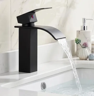 Produktbild von Homelody Wasserhahn Bad，Waschtischarmatur Wasserfall，Waschbecken Armaturen，Schwarz Mischbatterie Badezimmer，Badarmatur waschbecken，Einhebelmischer