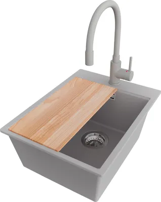 Produktbild von PRIMAGRAN Granitspüle Grau 38x50cm, Spülbecken 1 Becken + Küchenarmatur 38x14cm + Ablauf-Set + Schneidebrett, Küchenspüle ab 40er Unterschrank - Oslo