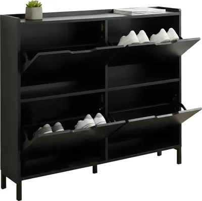 Zdjęcie produktu dla Relaxdays – szafka na buty z mechanizmem przechylnym, 4 przegródki, 16 par butów, wymiary (szer. x gł. x wys.): 90 x 100 x 19 cm, wąska szafka na buty z zabezpieczeniem przed przewróceniem, czarna