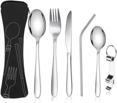 Produktbild von Campingbesteckset 6-teilig aus rostfreiem Edelstahl - ideal für Outdoor Reisen und Picknicks