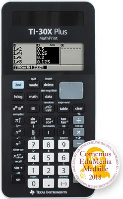 A black TI-30 X Plus MathPrint calculator is shown on a white background, with a circular award badge on the right side.