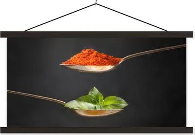 Produktbild von MuchoWow® Textilposter Kräuter - Löffel - Gewürze - Schwarz - Italienisch 90x45 cm mit schwarzem Rahmen - Klemmleisten