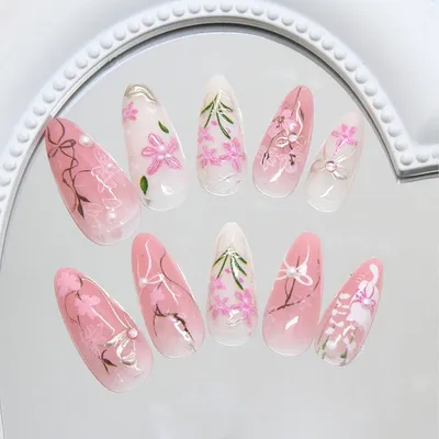 Produktbild von Press On Nails Rosa Blume Medium Mandel 24 Stück mit Strass Perlen Katzen Schleife Design