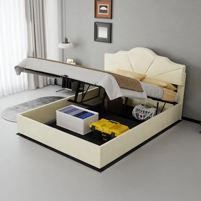 Produktbild von Polsterbett 90x200cm in Weiß mit USB-C Ladefunktion, LED-Beleuchtung, 2 Schubladen und höhenverstellbarem Kopfteil