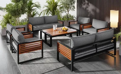Produktbild von 8-teiliges Gartenlounge-Set Sitzgruppe verzinktes Eisen & Akazienholz Gartenmöbel-Set 8 Personen inkl. 2 Tischen 7cm Polster Grau