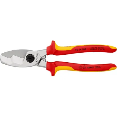 Produktbild von KNIPEX Kabelschere mit Doppelschneide 200mm, 95 16 200 SB Werkzeug verchromt, Griffe isoliert mit Mehrkomponenten-Hüllen, VDE- (95 16 200 SB)