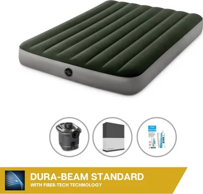 Produktbild von Intex Luftbett - 2 Personen - 137 x 191 x 25 cm - Grün - Mit Pumpe + Spannbettlaken Schwarz + Reperaturset