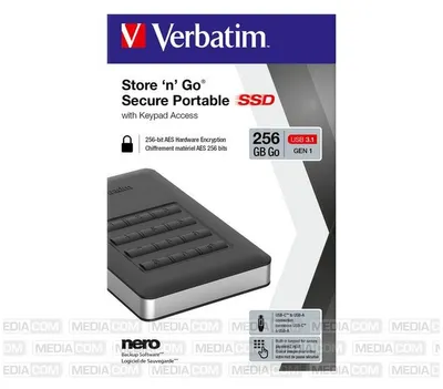 Produktbild von Verbatim Tragbares Store 'n' Go-SSD mit Tastenfeldzugriff 256 GB, 256 GB, USB Typ-C, 3.2 Gen 1 (3.1 Gen 1), Passwortschutz, Schwarz, Silber