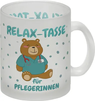 Produktbild von Relax Tasse für Pflegerinnen Glas Tasse mit süßem Bären-Motiv