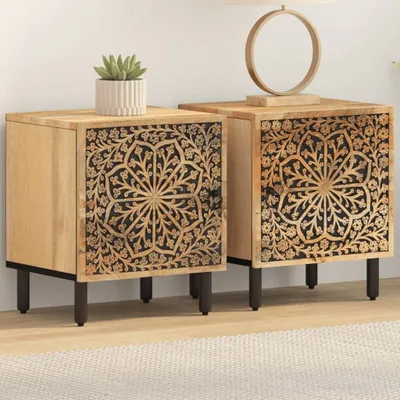 Two wooden nightstands with carved floral patterns are shown side-by-side on a light-colored rug.