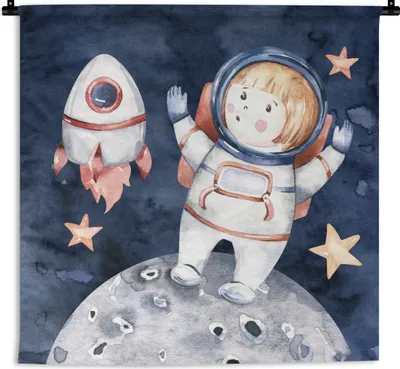 Produktbild von MuchoWow® Wandteppich Wandbehang Weltraum - Rakete - Mond - Jungen - Mädchen - Kinder 150x150 cm Tapisserie Dekoration Wandtuch - Wohnaccessoires - Modernes