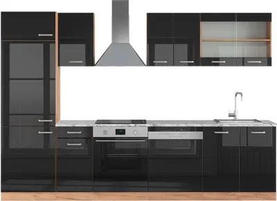 Produktbild von Küchenzeile Vicco R-Line Schwarz Hochglanz/Goldkraft Eiche 300 cm , AP Marmor, Model 43216