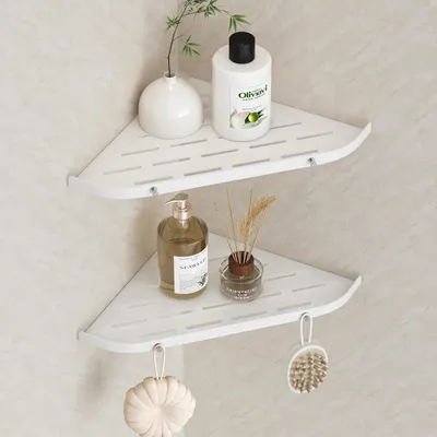 Productafbeelding van Doucheplank hoek, roestvrij staal, wit, zonder boren. Hoekplank voor de douche, mand met 2 haken
