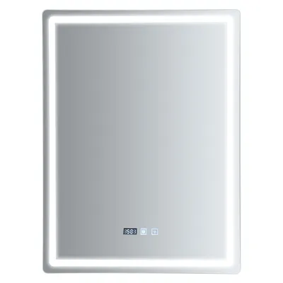 A product shot of a rectangular LED bathroom mirror with a light frame.