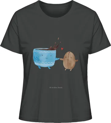 Produktbild von Mr. & Mrs. Panda Kurzarmshirt Damen Kaffee Bohne Größe S - Anthrazit - Geschenk, shirt, Glück, Zufriedenheit, Oberteil, Basic, Genuss, Baumwoll T-Shirt, Lustige Sprüche