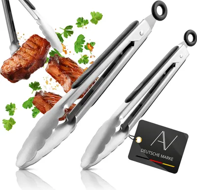 Produktbild von AVANA Grillzange Küchenzange aus Edelstahl 2er Set Kochzange Silikon Servierzange Zange Mehrzweckzange zum Kochen & Grillen - Schwarz
