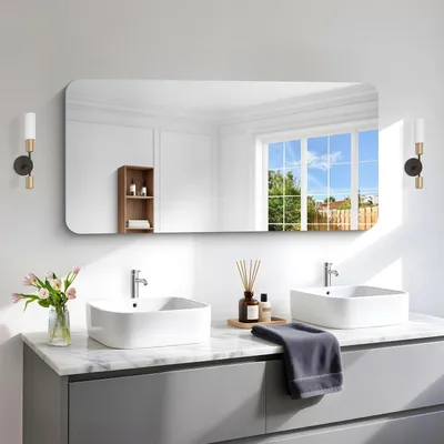 Productafbeelding van Rechthoekige wandspiegel, 120x60 cm, zonder lijst, met afgeronde hoeken, geschikt voor badkamer, slaapkamer of woonkamer, horizontaal of verticaal te monteren