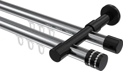 Produktbild von Interdeco Innenlaufstange / Gardinenstange mit Innenlauf Chrom / Schwarz, Typ Prestige Estana (Glitzerkappe), 20 mm Ø 2-läufig, 540 cm