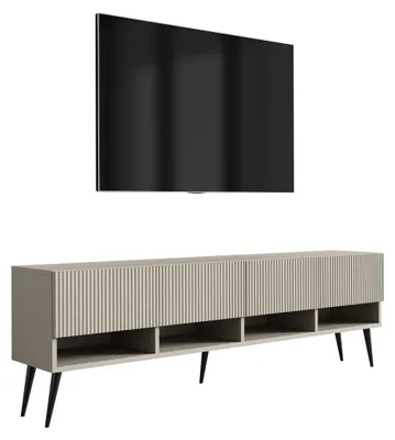 Obrázok produktu pre TV skrinka s rýhovanými čelami, farba kašmír, čierne šikmé nohy, 170 × 32 × 52 cm