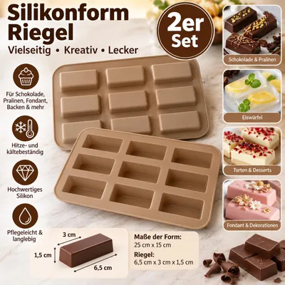 Produktbild von 2er Set Silikonform für Schokoriegel & Pralinen – 9-fach Backform 25 x 15 cm – Form für Schokolade, Fondant, Desserts & Eiswürfel, KI-generiertes Bild