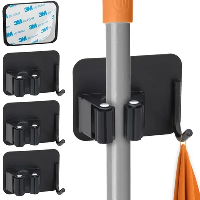 A collage of broom holders, with one holder shown in use holding a mop handle and a towel.