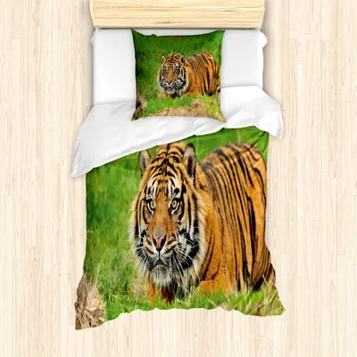 Produktbild von ABAKUHAUS Tiger Mantele, Sumatran Feline Ambush, Milbensicher Allergiker geeignet mit Kissenbezügen, 135 cm x 200 cm - 80 x 80 cm, grün orange
