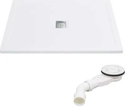 A white square shower tray with a silver drain cover is shown above a white drain assembly.