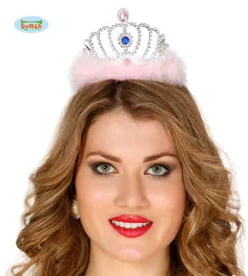 Produktbild von Silberne Tiara mit bunten Steinen und rosa Federn