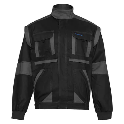 A black work jacket with gray accents and pockets, shown front-on against a white background.