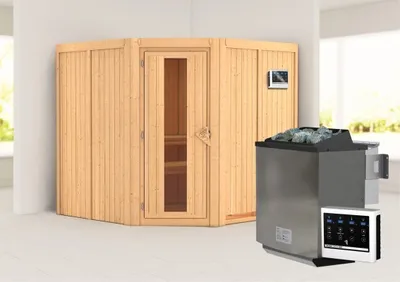 Produktbild von Karibu Sauna Innensauna Jarin Eckeinstieg Ofen 9 kW  externe Strg easy 196x196x198 cm ohne Dachkranz mit Energiespartür