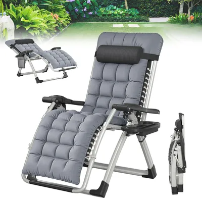 Image de Chaise longue de jardin UISEBRT rembourrée avec coussin moelleux, pliable et inclinable de 90 à 170°, structure en acier pouvant supporter jusqu'à 160 kg, avec oreiller, porte-boissons et poche latérale, couleur grise