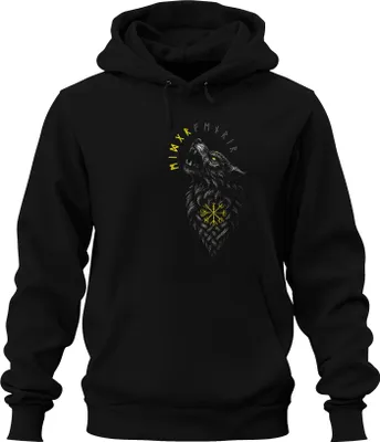 Obrázok produktu pre Viking Wolf Vegvisir Nordic Runes Compass Mythology Fenrir Uni mikina s kapucňou, čierna, 3XL