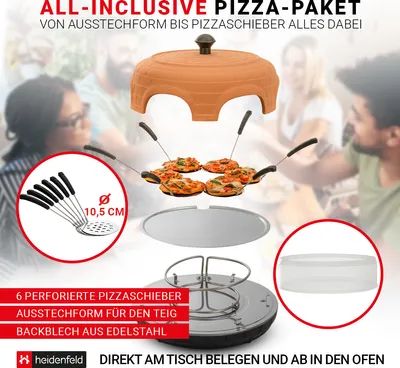 Produktbild von Heidenfeld Mini Pizzaofen Pizzachef | 1.100 Watt - Pizzadom ⌀ 40.0 cm - Für 6 Personen - Terrakotta-Kuppel - Bis 300 °C - 6 Pizzaschieber ⌀ 10,5 cm
