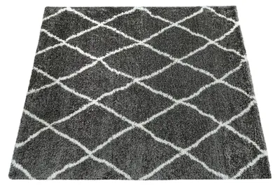 Produktbild von Teppich Grau Wohnzimmer Weich Kuschelig Rauten Muster Shaggy Flokati Hochflor Grösse 60x90 cm