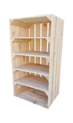 A wooden shelving unit made of crates, shown against a white background.