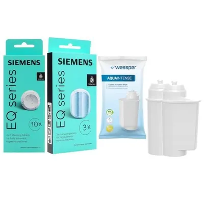 Obrázok produktu pre Sada na údržbu plne automatických kávovarov Siemens a Bosch – 10 čistiacich tabliet, 3 odstraňovače vodného kameňa a 2 vodné filtre Wessper