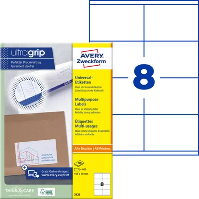 Produktbild von Avery Zweckform 3426, Universal-Etiketten, A4, Qualitätsdruck mit: ultragrip, 105 x 70 mm, 800 Etiketten / 100 Bögen, weiß