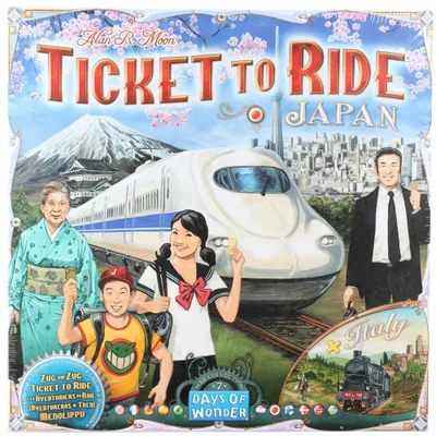 The image is a colorful illustration depicting a board game box cover for "Ticket to Ride: Japan + Italy (Map Collection 7)". It features characters, a bullet train, Mount Fuji, and cityscapes, with smaller inset scenes of Italy.