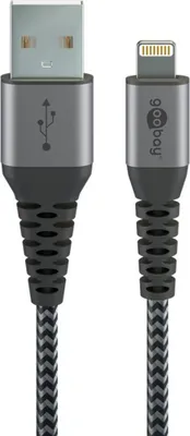 Obrázok produktu pre Goobay 49267 Textilný kábel Lightning USB-A s kovovými zástrčkami, 0,5 m, 0,5 m, čiernosivý - elegantný a mimoriadne odolný nabíjací a synchronizačný kábel s certifikátom MFi pre Apple iPh