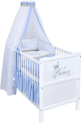 Produktbild von Baby-Delux Babybett Kinderbett Gitterbett Prince 60x120 Weiß inkl. 10-tlg Prince Bettwäsche Set Matratze, Beißschienen zum Schutz