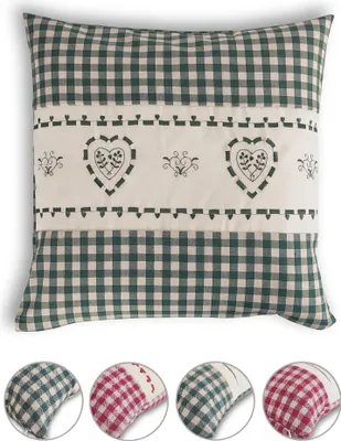 A collage of a pillowcase with a gingham pattern and heart embroidery, along with close-up views of different color variations.