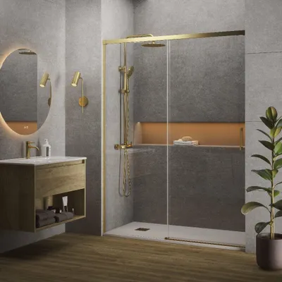 Produktbild von Duschwand mit Schiebetür für Nische MUSE gold - Glas 6 mm 145 cm