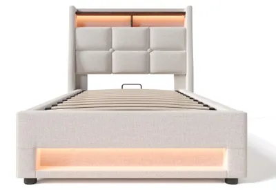 Immagine prodotto di Letto singolo beige, con porta di ricarica USB e illuminazione a LED, design moderno, con spazio contenitivo