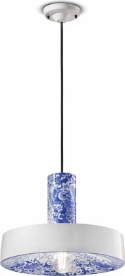 Produktbild von Hängeleuchte Keramik rund D: 35 cm H: max. 146 cm Blau Muster Weiß E27 Retro Keramikleuchte