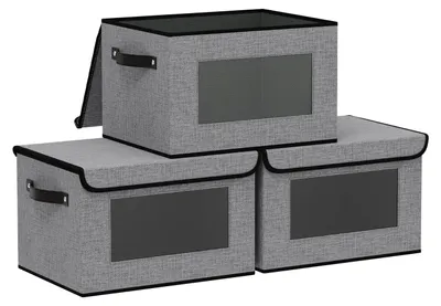 Produktbild von 3 Aufbewahrungsboxen aus Stoff, faltbare Aufbewahrungsboxen mit Deckel, Organizer-Boxen, Kleiderschrank-Organizer mit Sichtfenster, grau, 26 × 20 × 17 cm