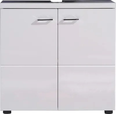 A white bathroom vanity cabinet with two doors and two drawers.