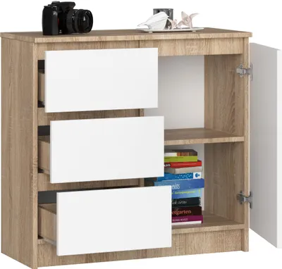 Produktbild von BDW, Kommode, 3 Schubladen, 1 Tür, Schrank, Sideboard, Eiche Sonoma / Weiss