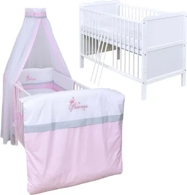 Produktbild von Baby-Delux Babybett Kinderbett Max 120×60 Weiß mit Matratze, Beißschienen 10-tlg. Bettwäsche Set Princess