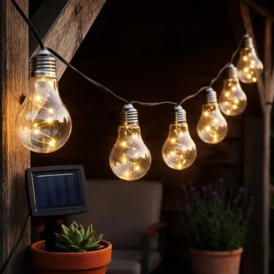 Immagine prodotto di Ghirlanda luminosa a LED solare con 10 lampadine su 450 cm e 2 modalità di illuminazione - bianco caldo - Illuminazione decorativa da giardino con lampadine trasparenti